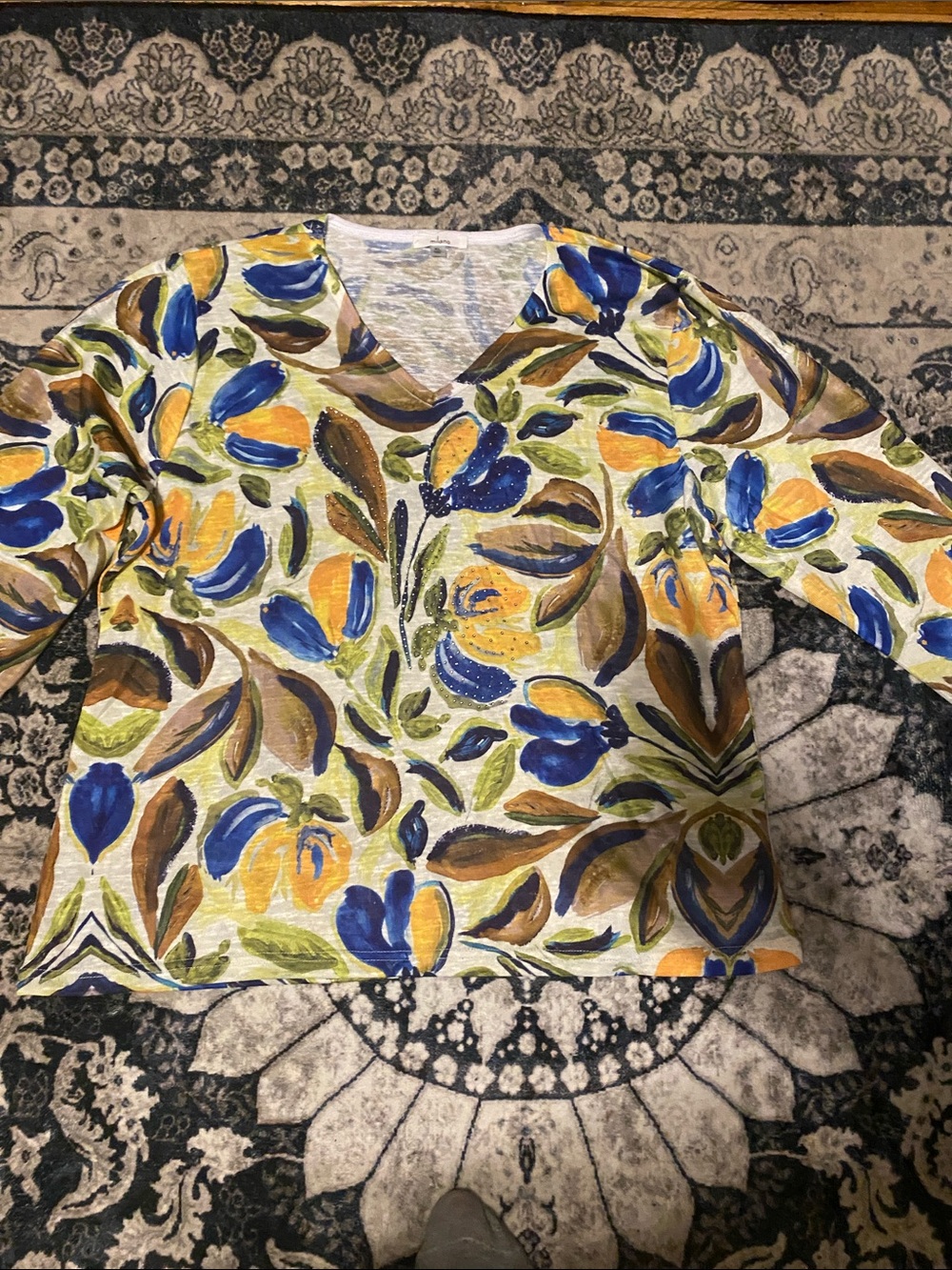 Milano Floral V-Neck Sweater in Blue, Yellow & Brown